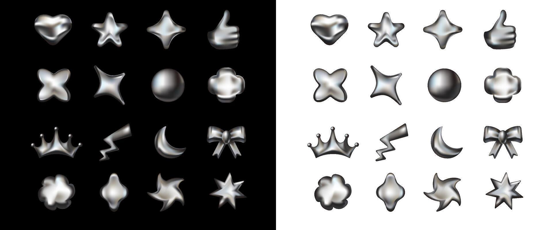 Metallic spheres, moons, and hearts with a space vibe. vector