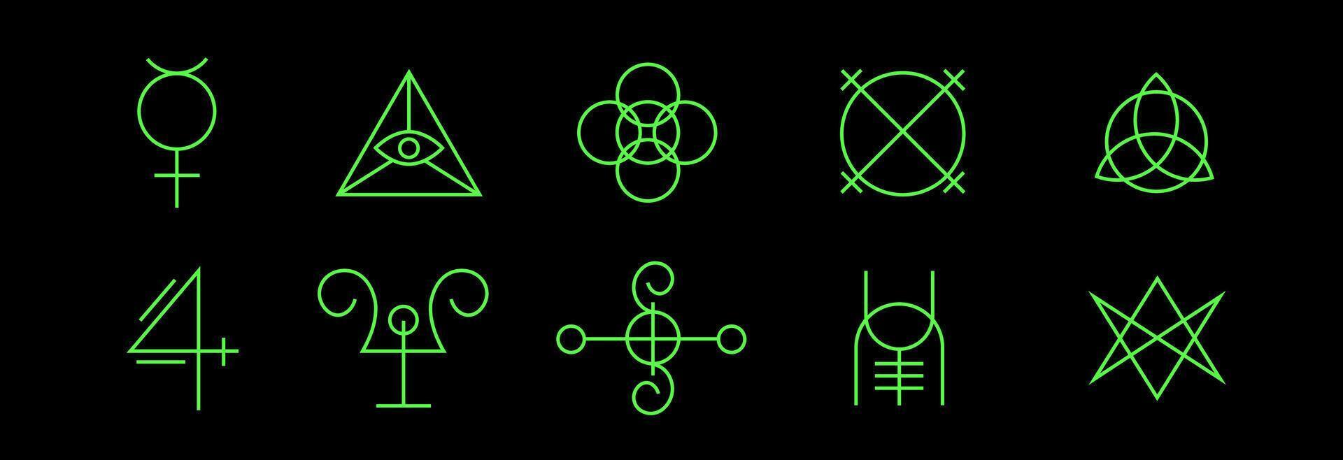 Simple green symbols with alchemical and mystical themes. vector