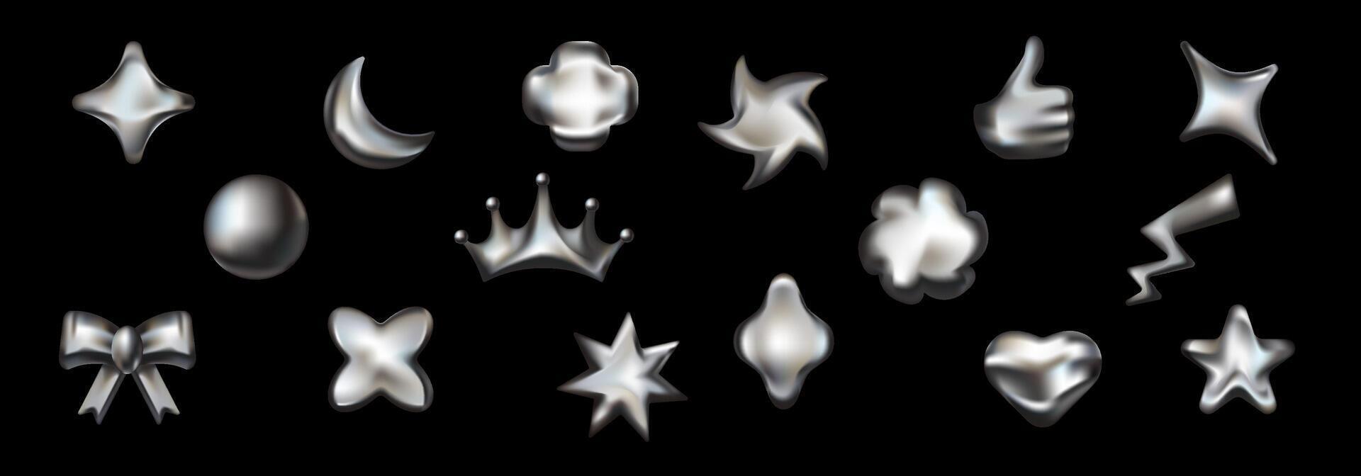 Retro metallic shapes with chrome hearts and crowns. vector