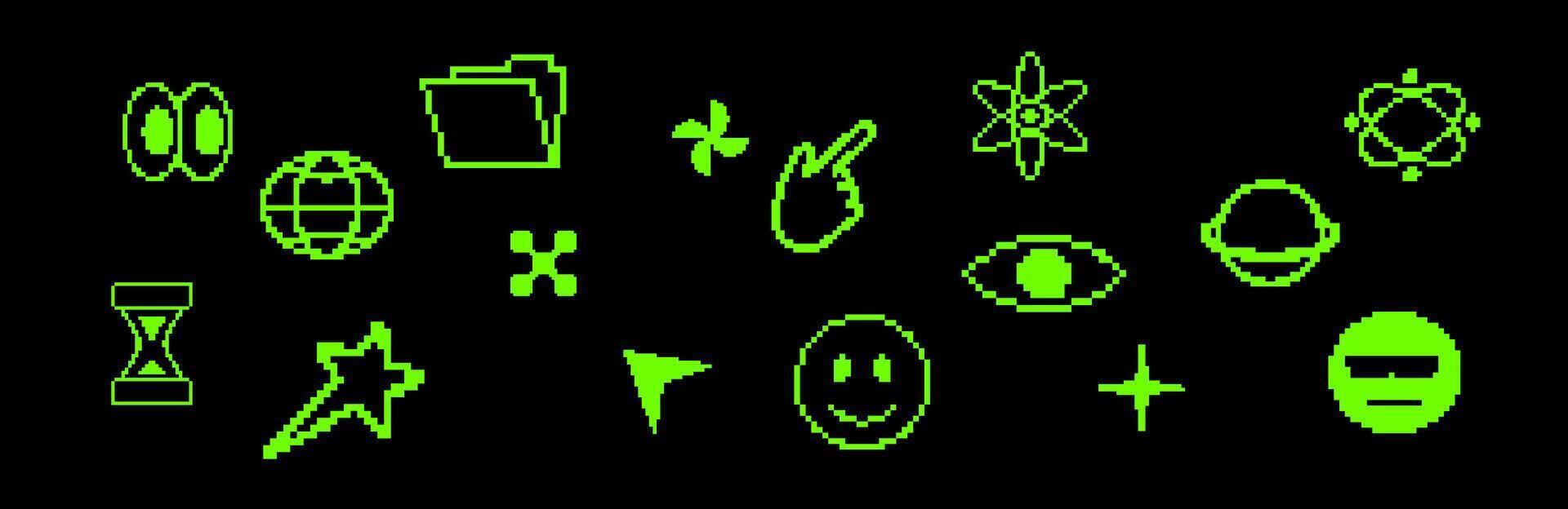 Pixel graphic set with retro waves, blasts, and Y2K symbols. vector
