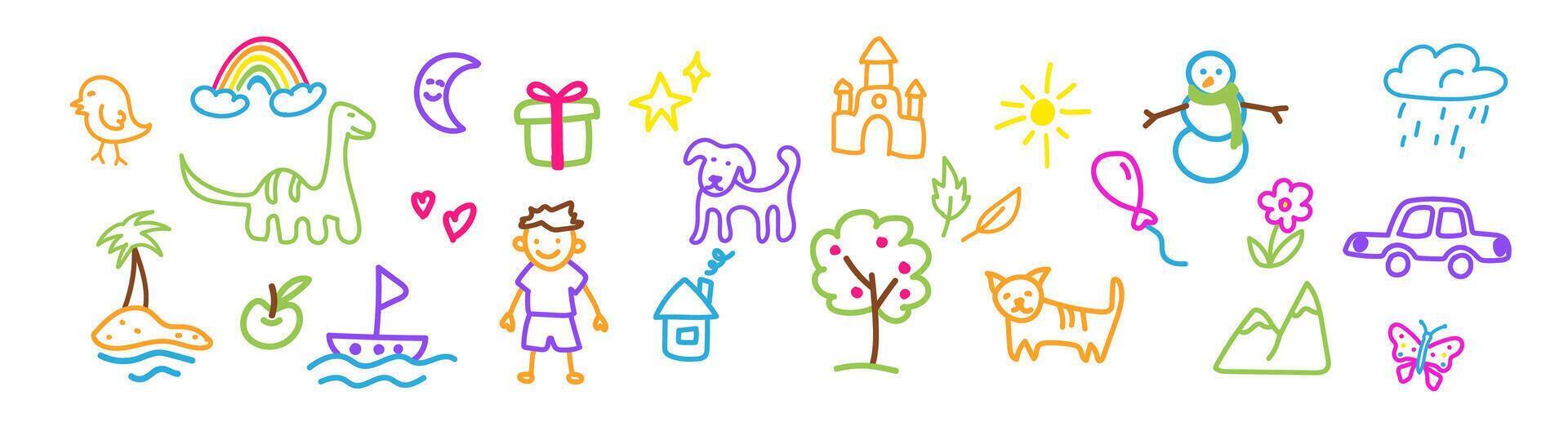 Simple kid drawing with a tree, flowers, and heart. vector
