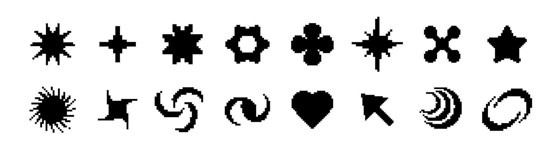 Black pixel icons with swirls and retro computer style vector