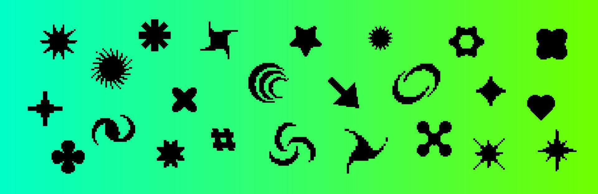 Black pixel icons with Y2K retro elements for digital graphics. vector