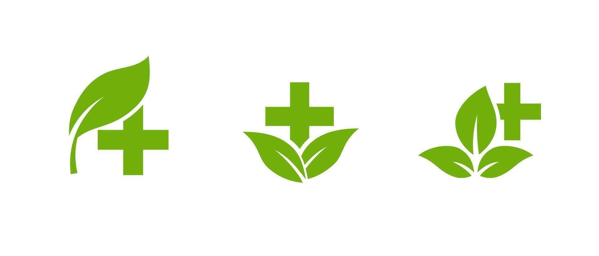 Leaf and cross icon symbolizing health, sustainability, and nature. vector
