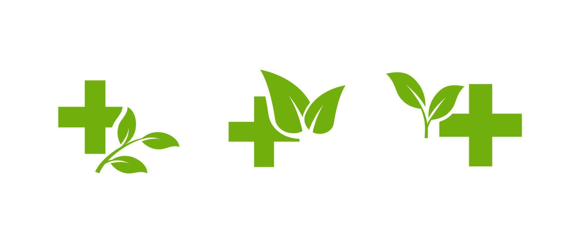 Green cross with a leaf symbolizing health and eco-conscious products. vector
