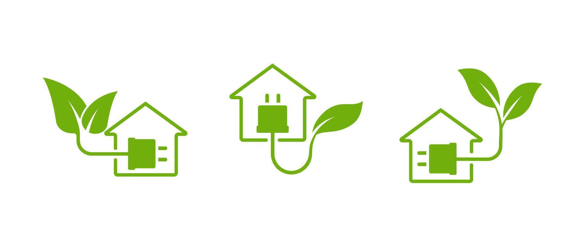 House with a leaf and plug symbolizing eco-friendly energy solutions. vector