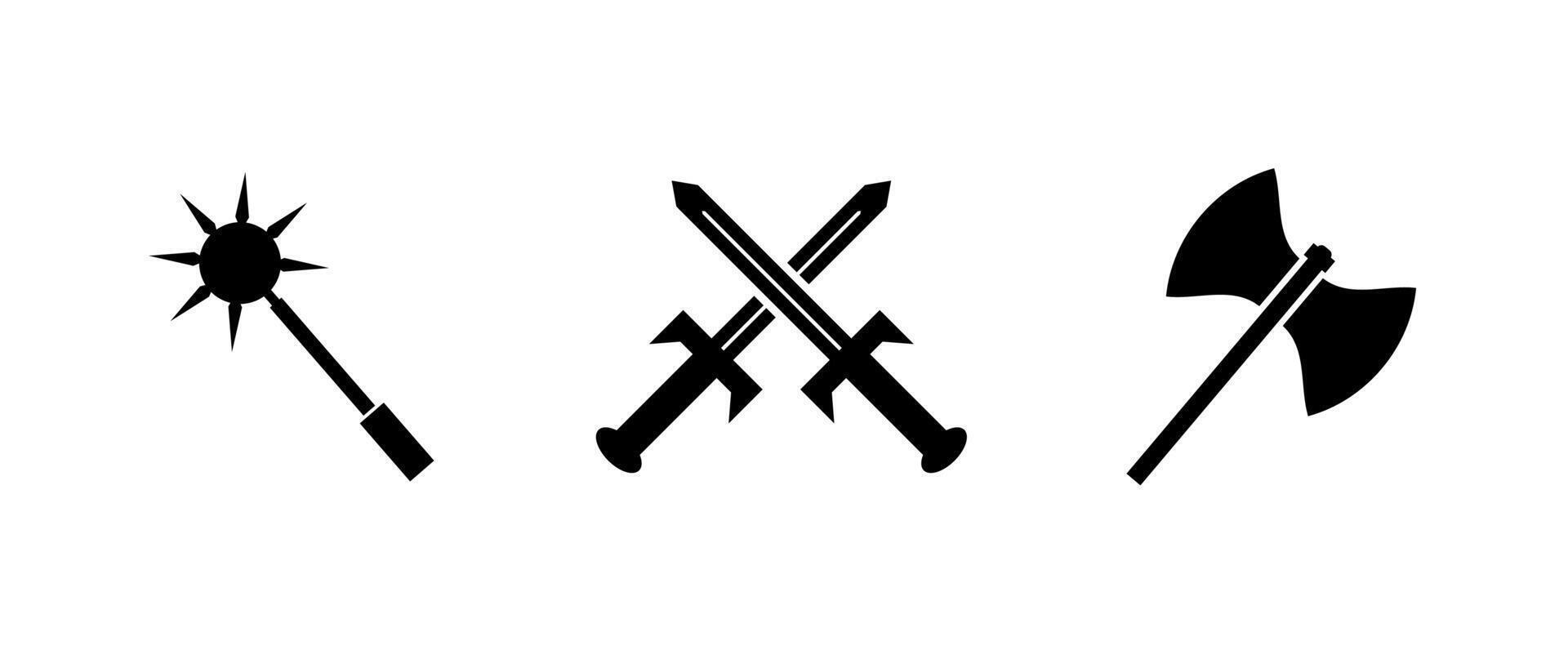 Black weapon icon set with swords, axes, and maces for battle themes. vector