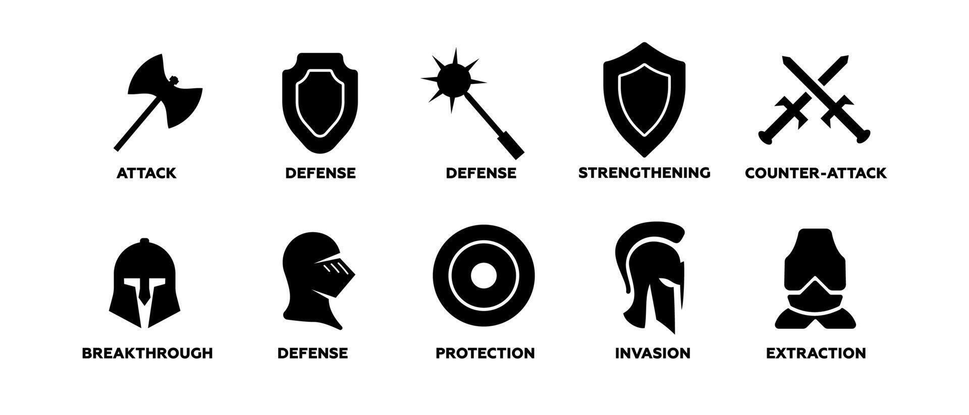 Black icon set with swords and helmets for medieval war themes. vector