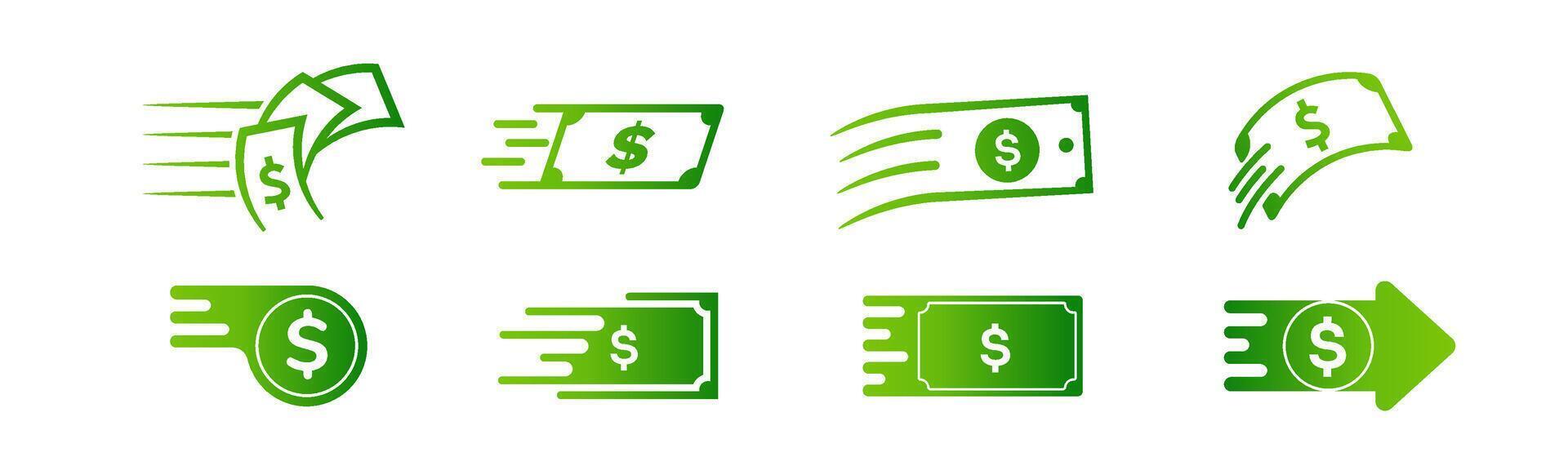 Green dollar logo with arrow for fast money and transaction flow. vector