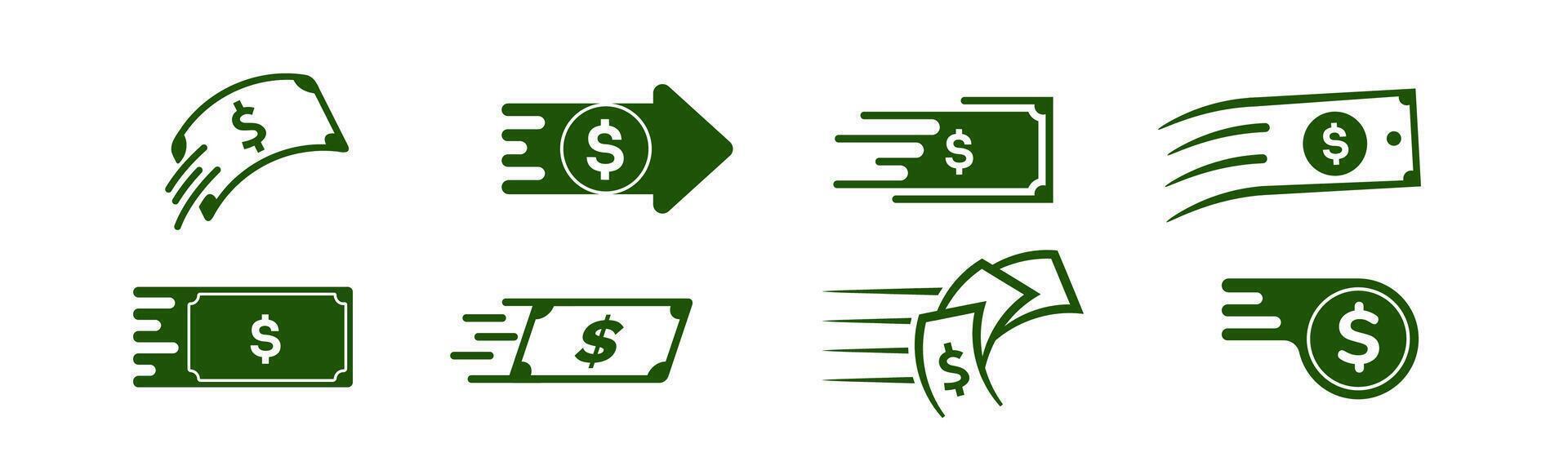 Flat green logo with arrow and dollar sign for fast transactions. vector