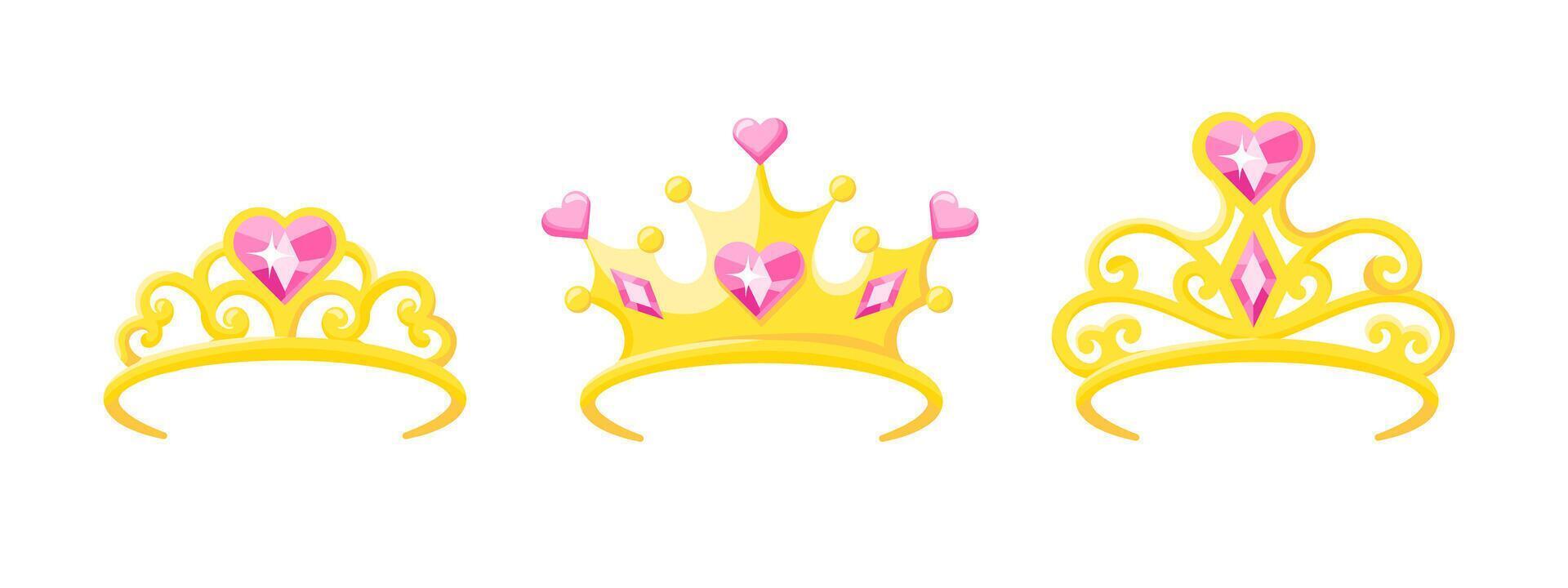 Golden tiara with diamonds and hearts for royal and fairytale themes. vector