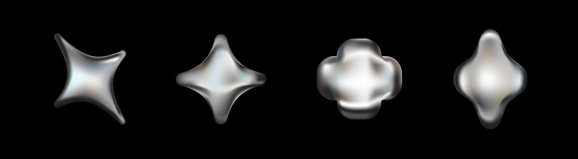 Retro chrome figures with crowns and stars in liquid form. vector
