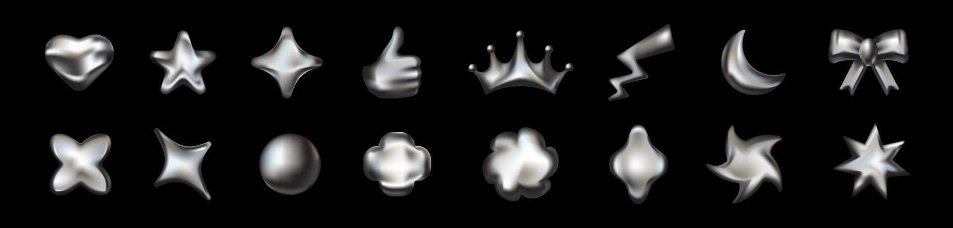 Chrome shapes of stars and moons with a space inspired look. vector