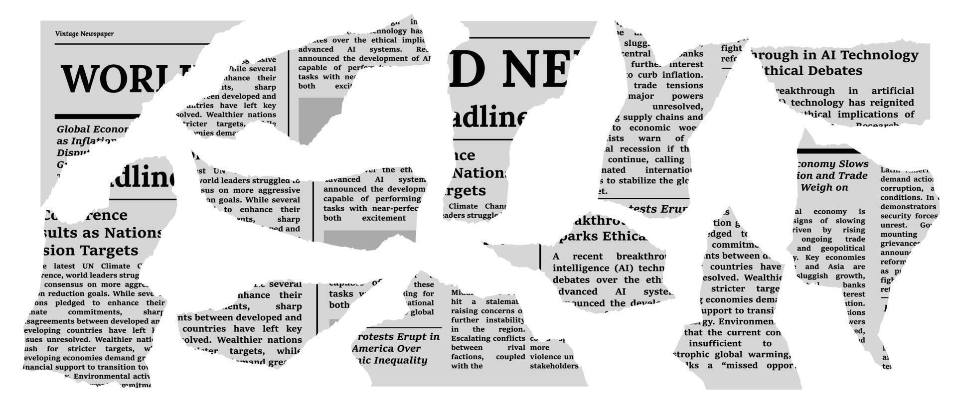 Torn newspaper clippings collage with headlines and grunge style. vector