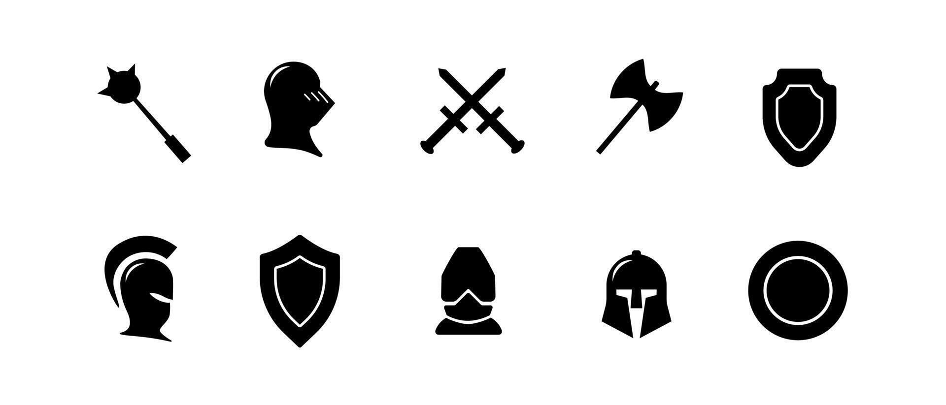 Black icon set with swords and helmets for antique and medieval warriors. vector
