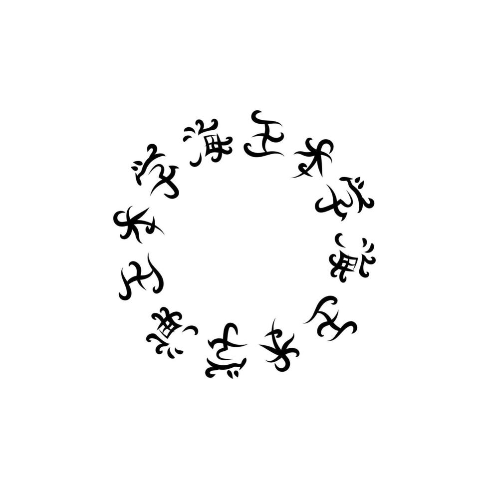 Black seal-like hieroglyphs with wavy strokes and cultural patterns. vector