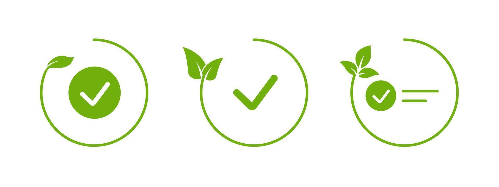 Green leaf with circular outline and check mark for eco designs. vector