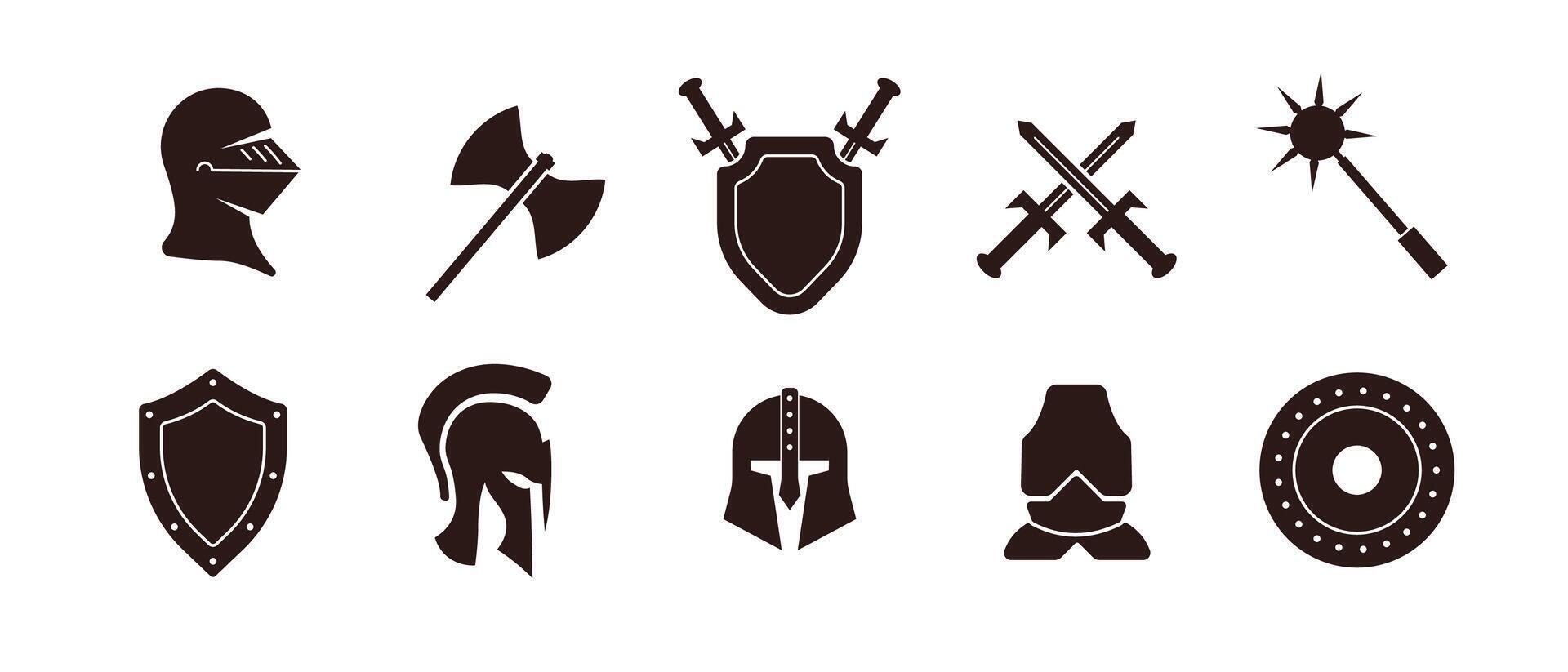 Warrior icon with helmet, sword, and shield in red and brown tones. vector