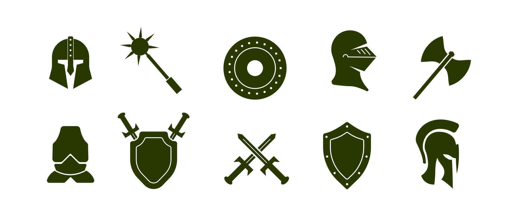 Green warrior icon with helmet, sword, and shield for defense and battle. vector
