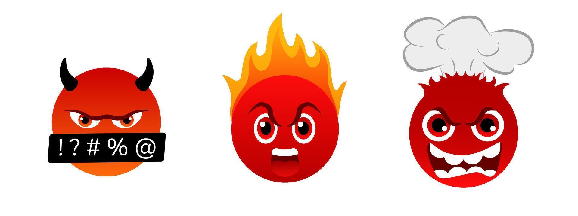Angry red emoji with fiery head, symbolizing rage and aggressive emotion. vector