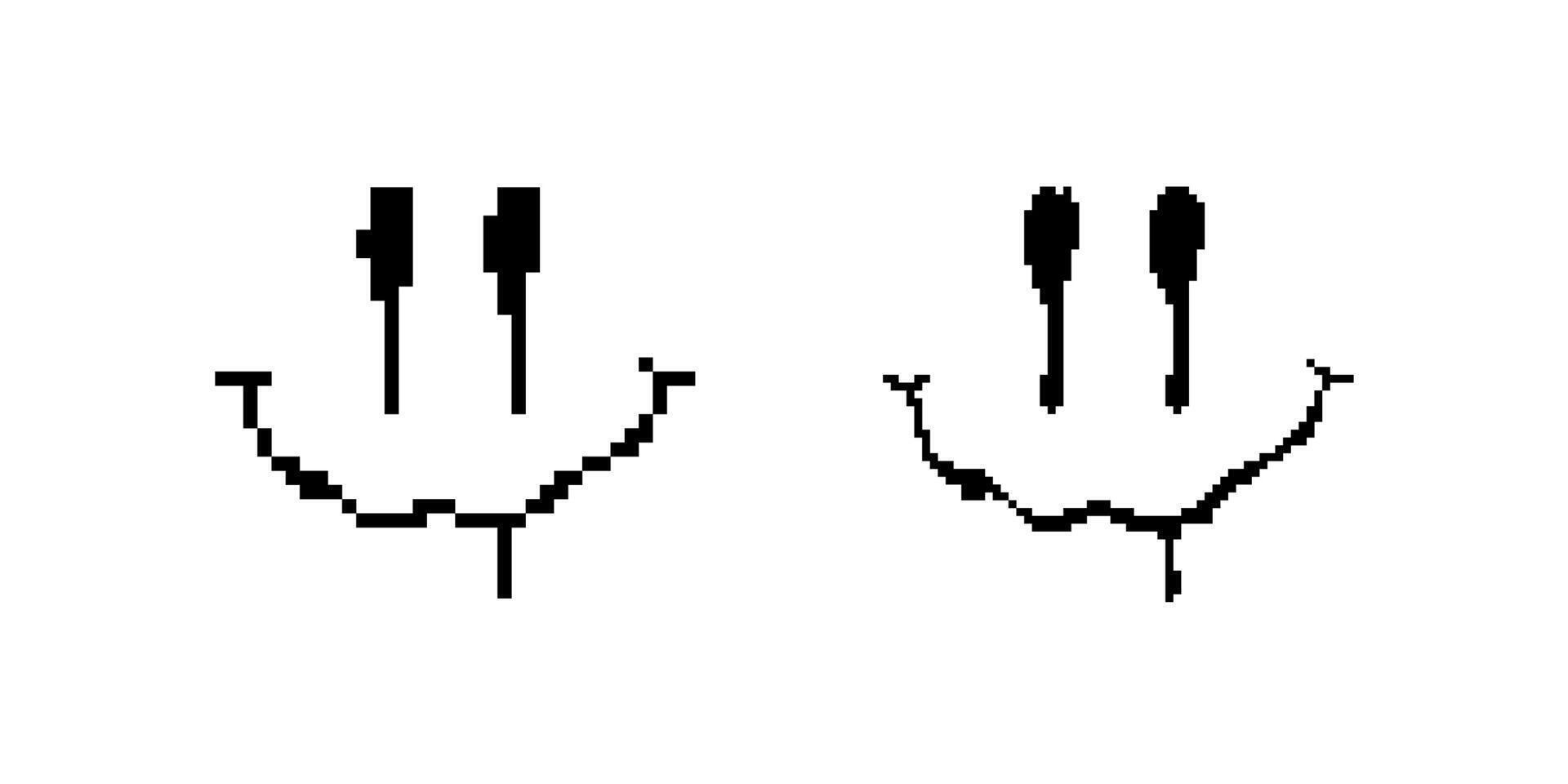 Two simple pixelated smiley faces with square eyes and unique curved grins in black and white vector