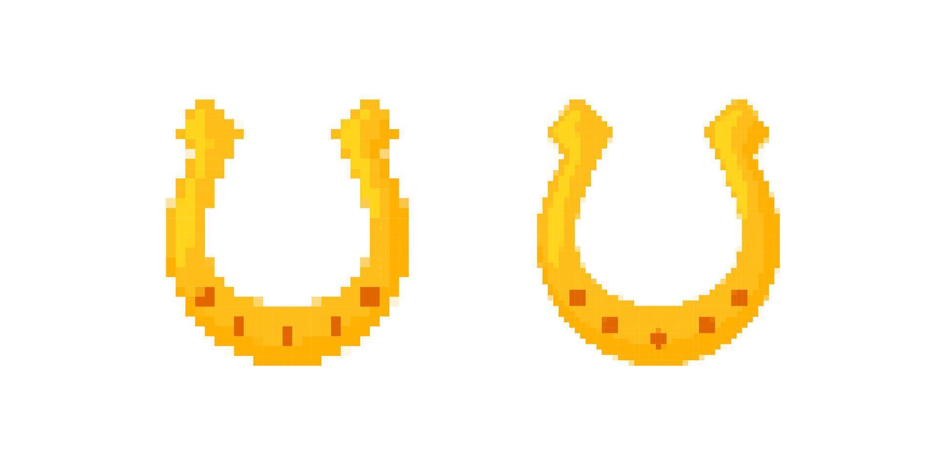 Pixel art golden horseshoes reflecting retro digital aesthetic style vector