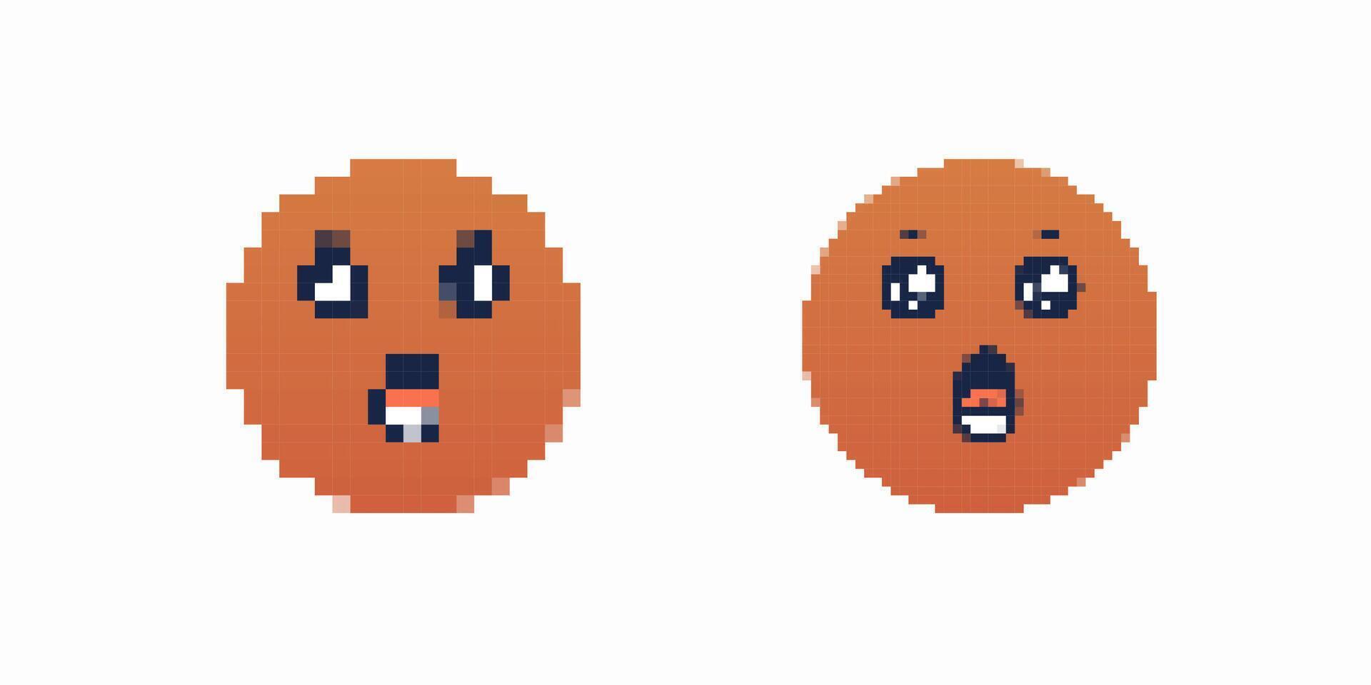 Pixel art surprised faces with expressive eyes and open mouths in orange tones vector