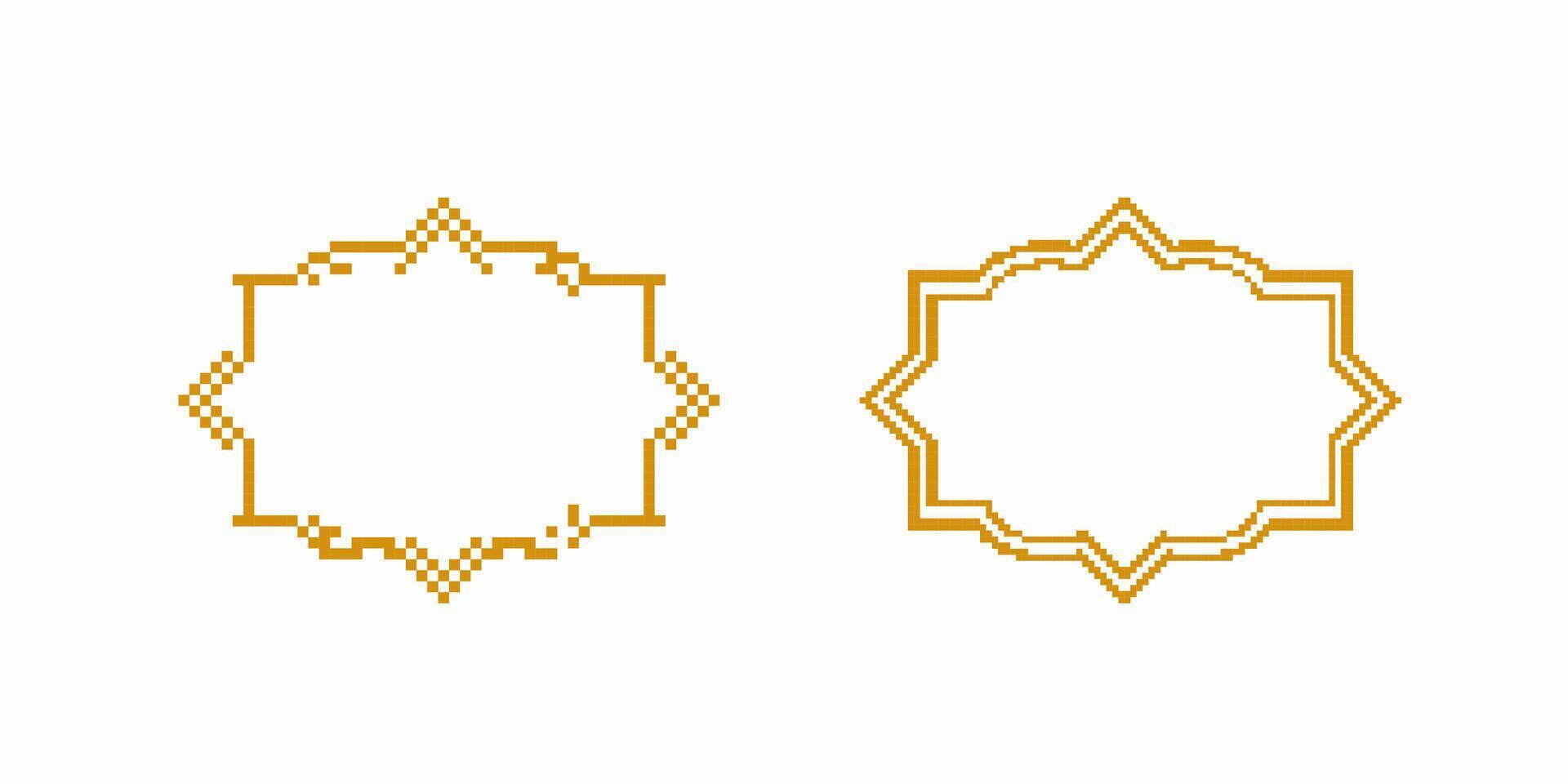 Ornamental pixel patterns in gold display symmetrical geometric designs with intricate borders vector