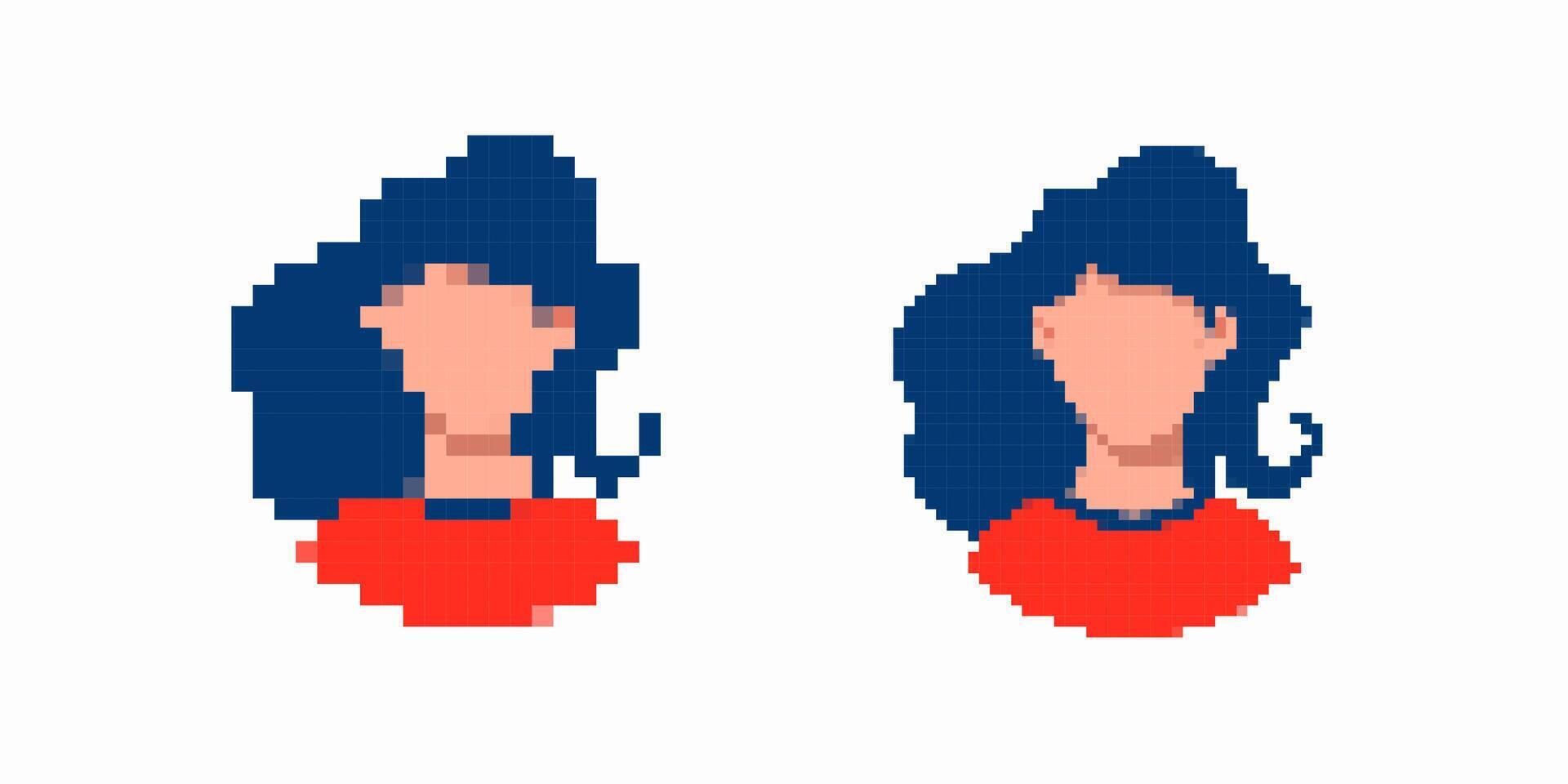 Pixel art women with blue hair and red shirts in minimalist digital style focus on simplicity vector