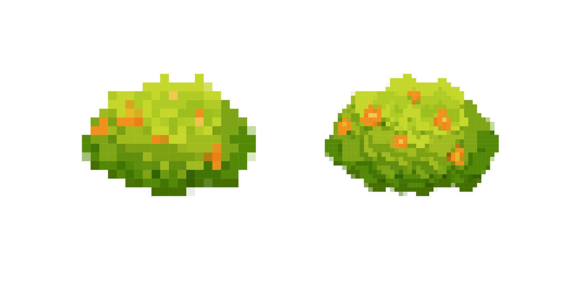 Pixel art green bushes with orange dots displayed in simplistic digital style vector