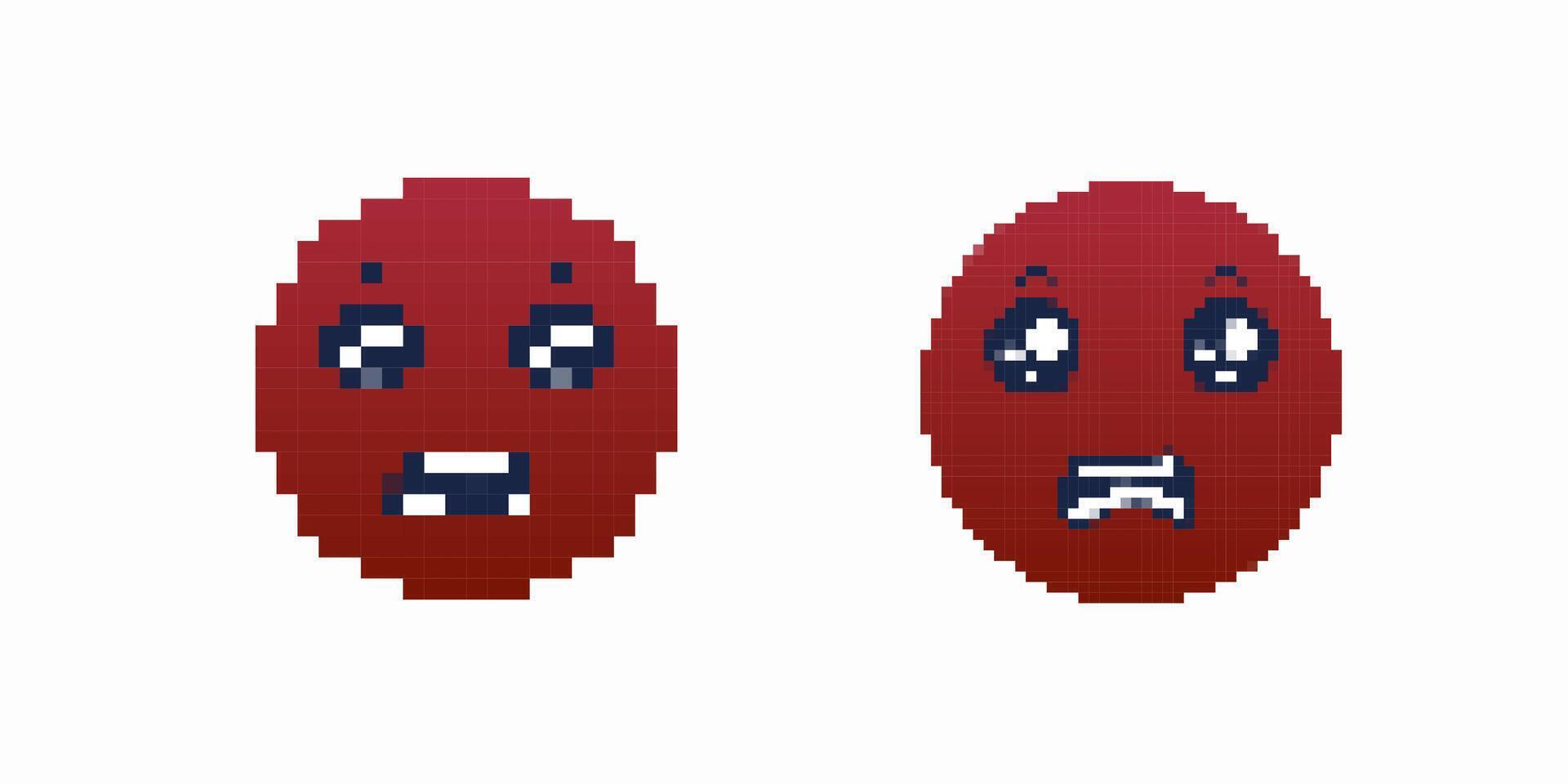 Digitized expressions of two pixel art faces with varied emotions in simple red tones vector