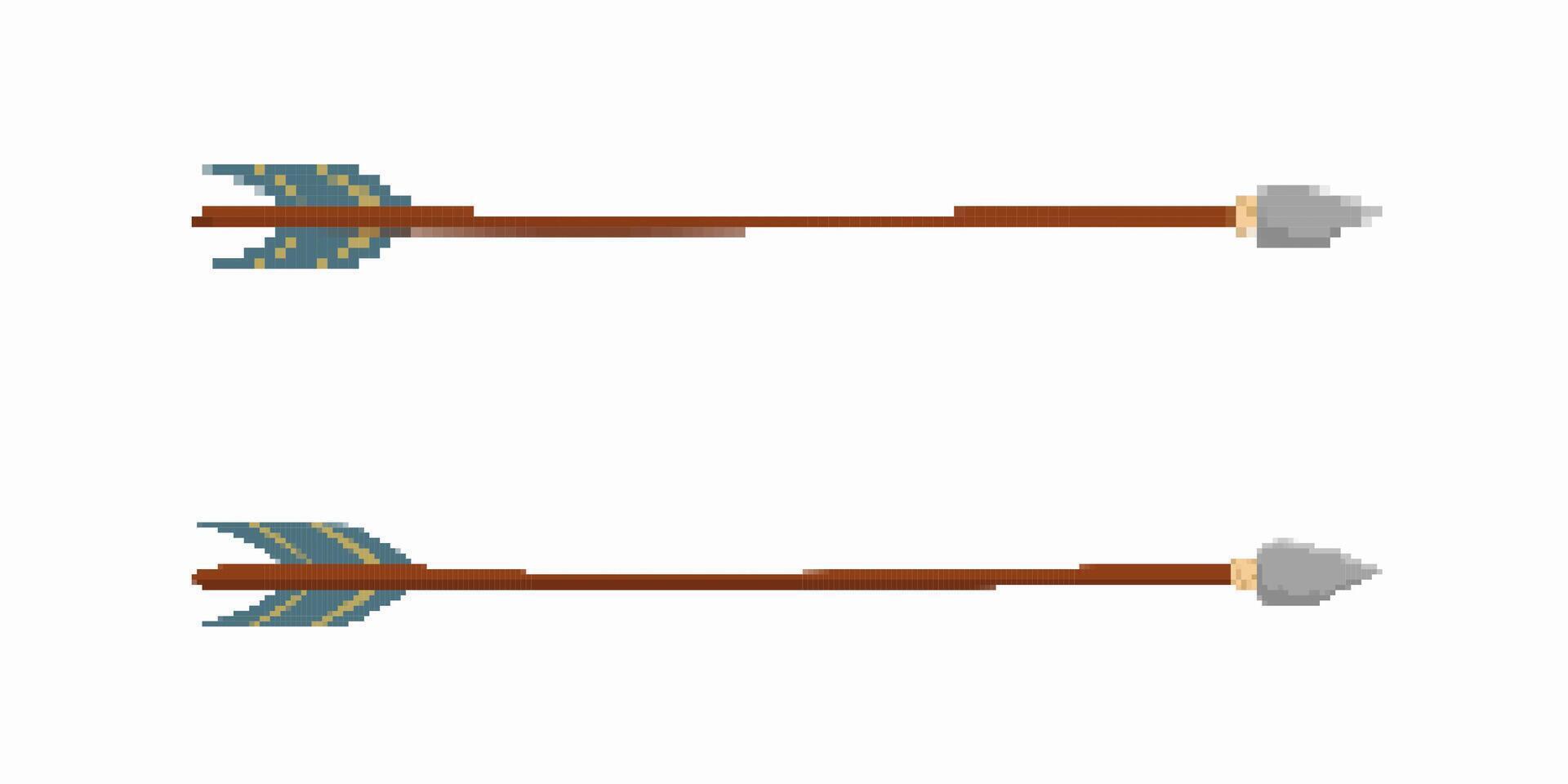 Pixel art style wooden arrows with feather fletching and stone arrowheads for games vector