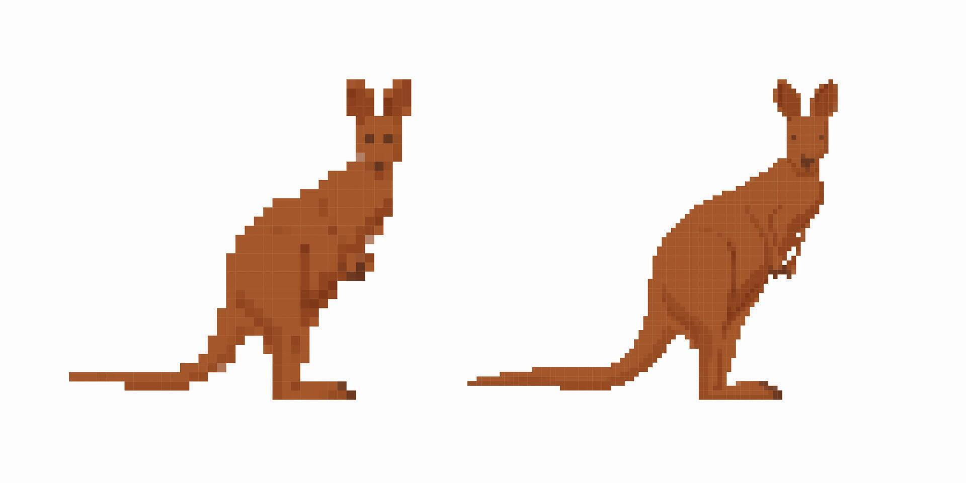 Pixel art kangaroos facing forward with prominent ears and tails detail in brown tones vector