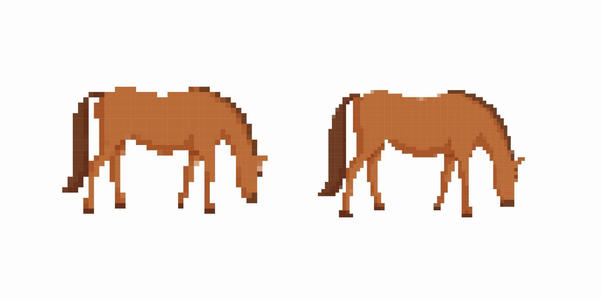 Pixel art horses grazing showing simplistic style and retro game graphics vector