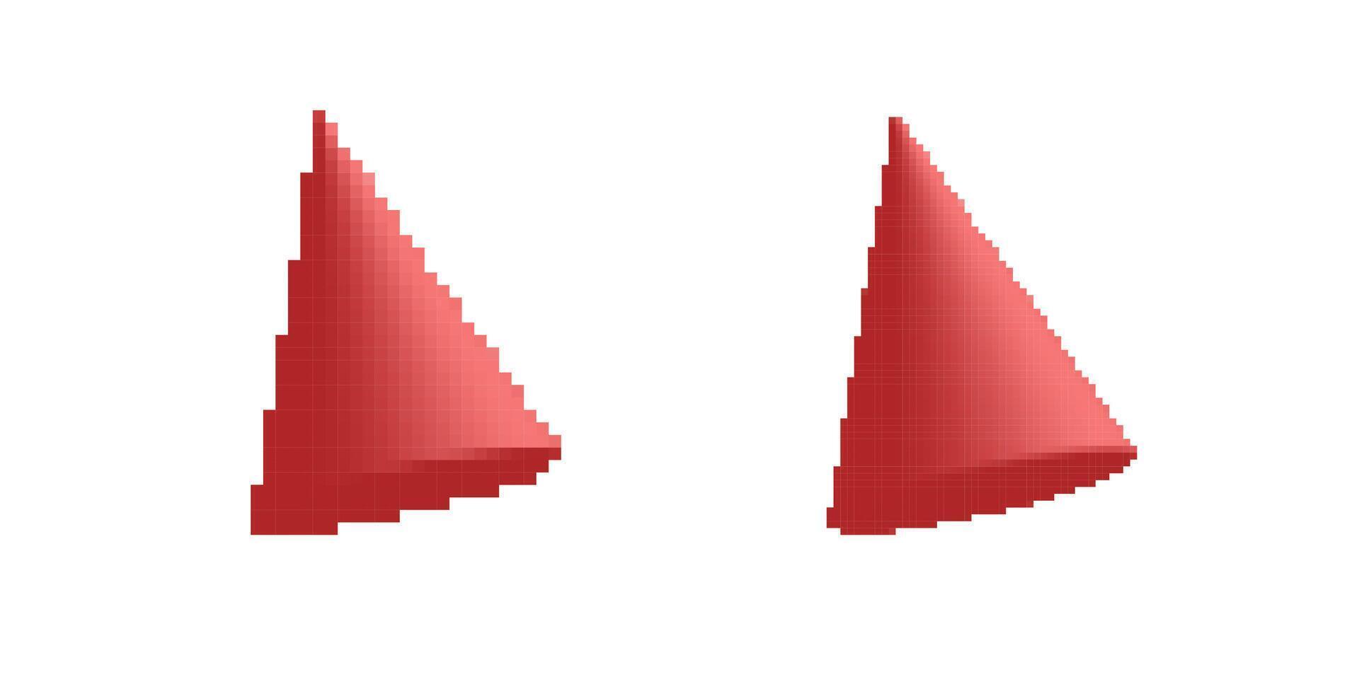 Two bright red pixelated cones positioned side by side on solid single color area vector