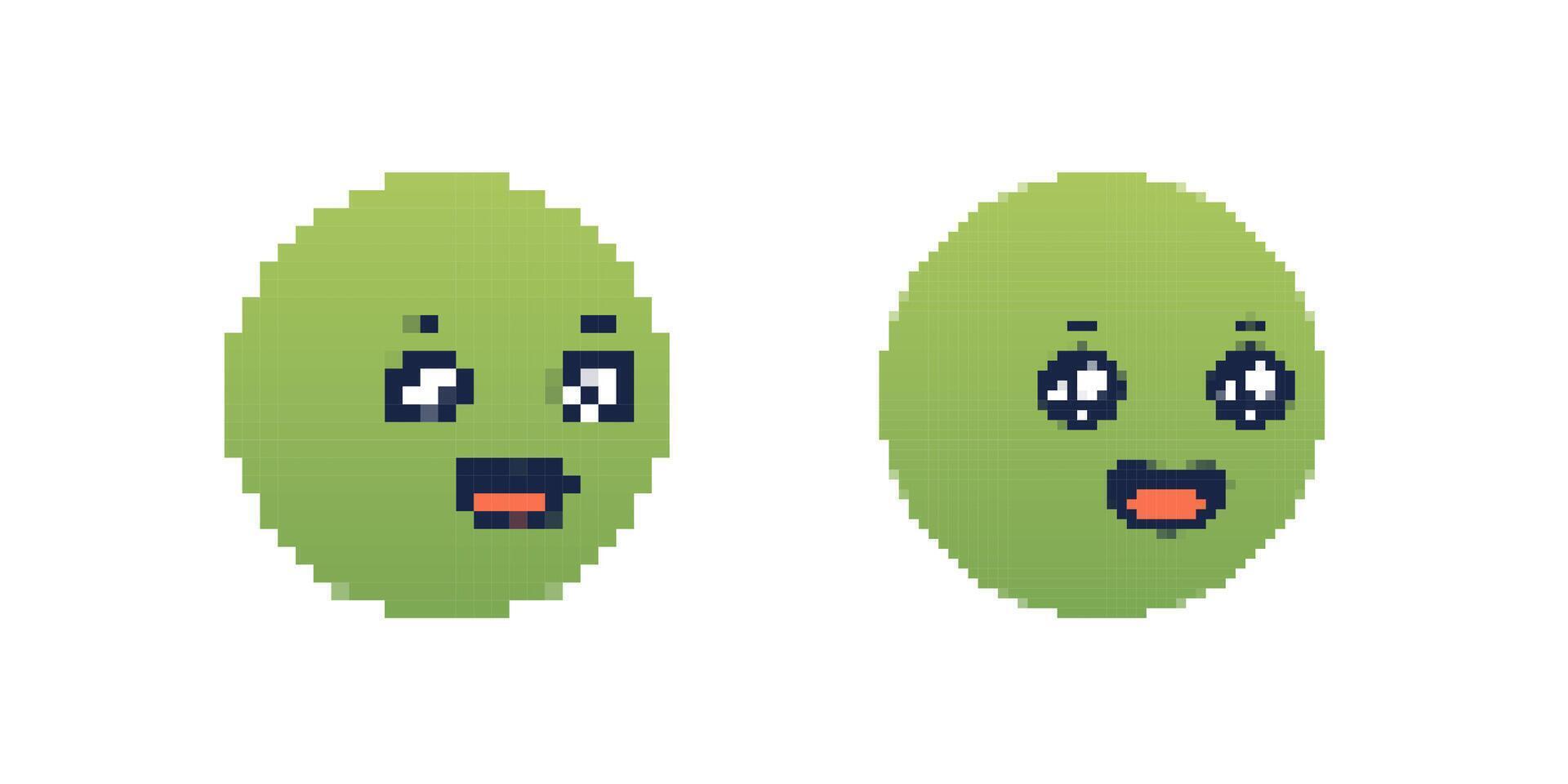 Pixelated green smiley faces with different expressions in simple graphic style vector