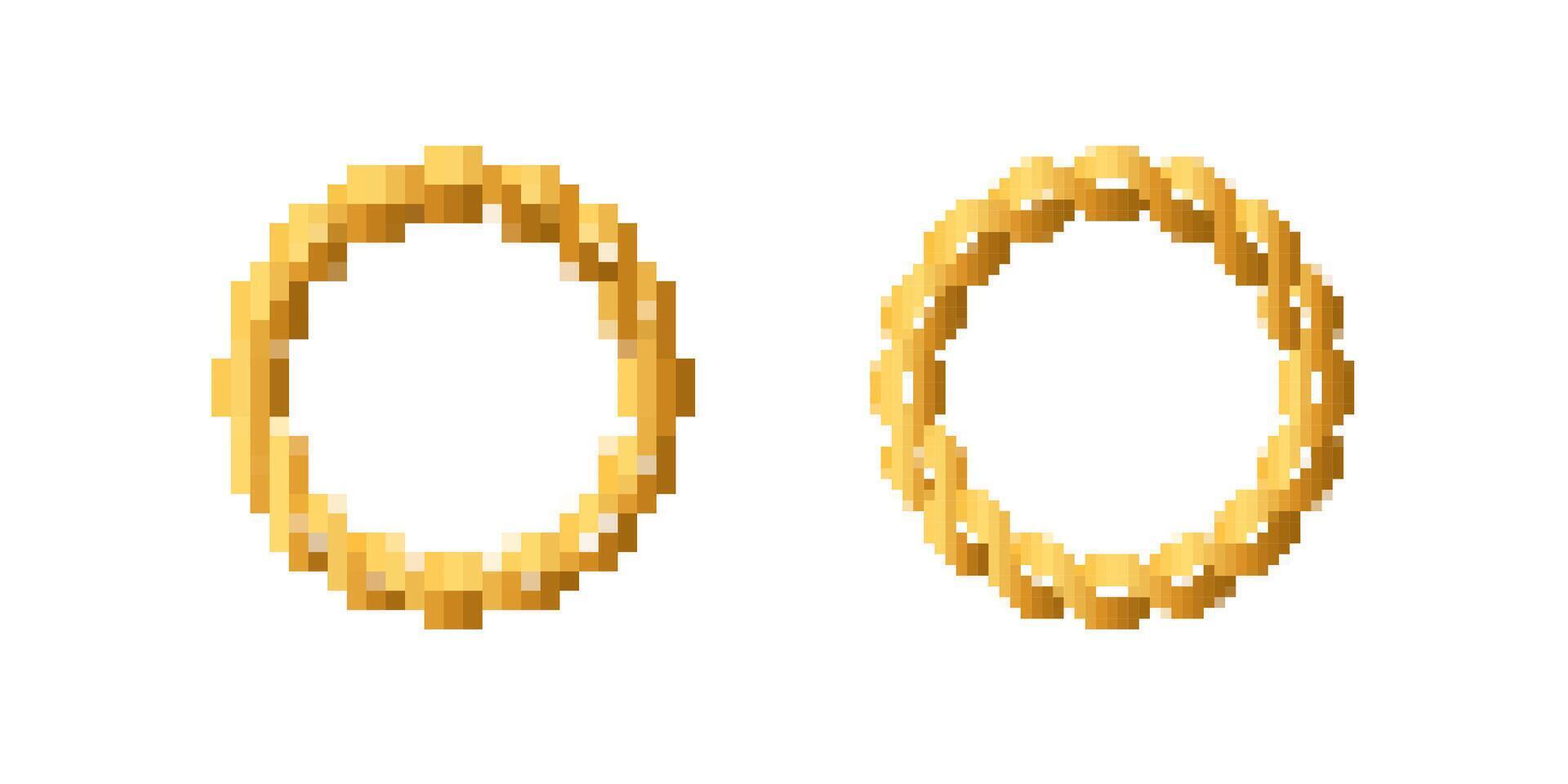 Two pixel art golden rings displayed with simple geometric designs and minimalist style vector