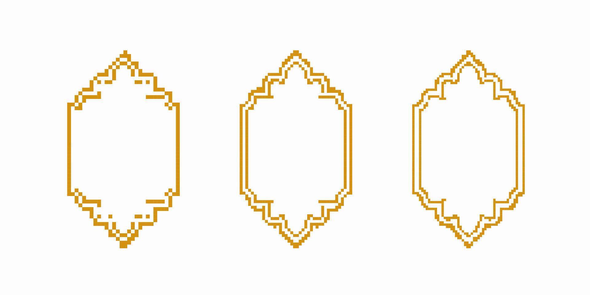 Three intricate gold pixel frames with geometric patterns and symmetrical designs vector