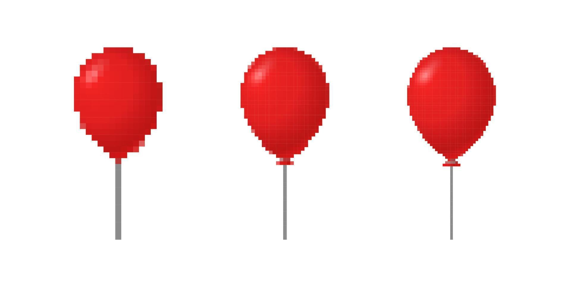 Three red balloons pixel art style in various stages of inflation vector