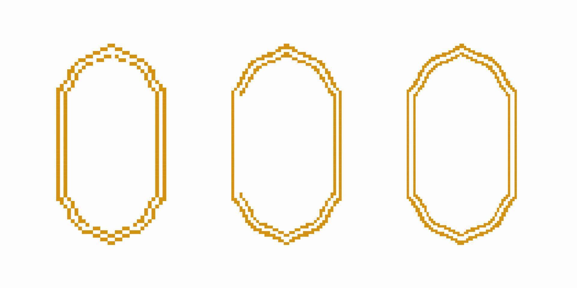 Three decorative pixel art frames in gold with simple elegance and geometric design vector