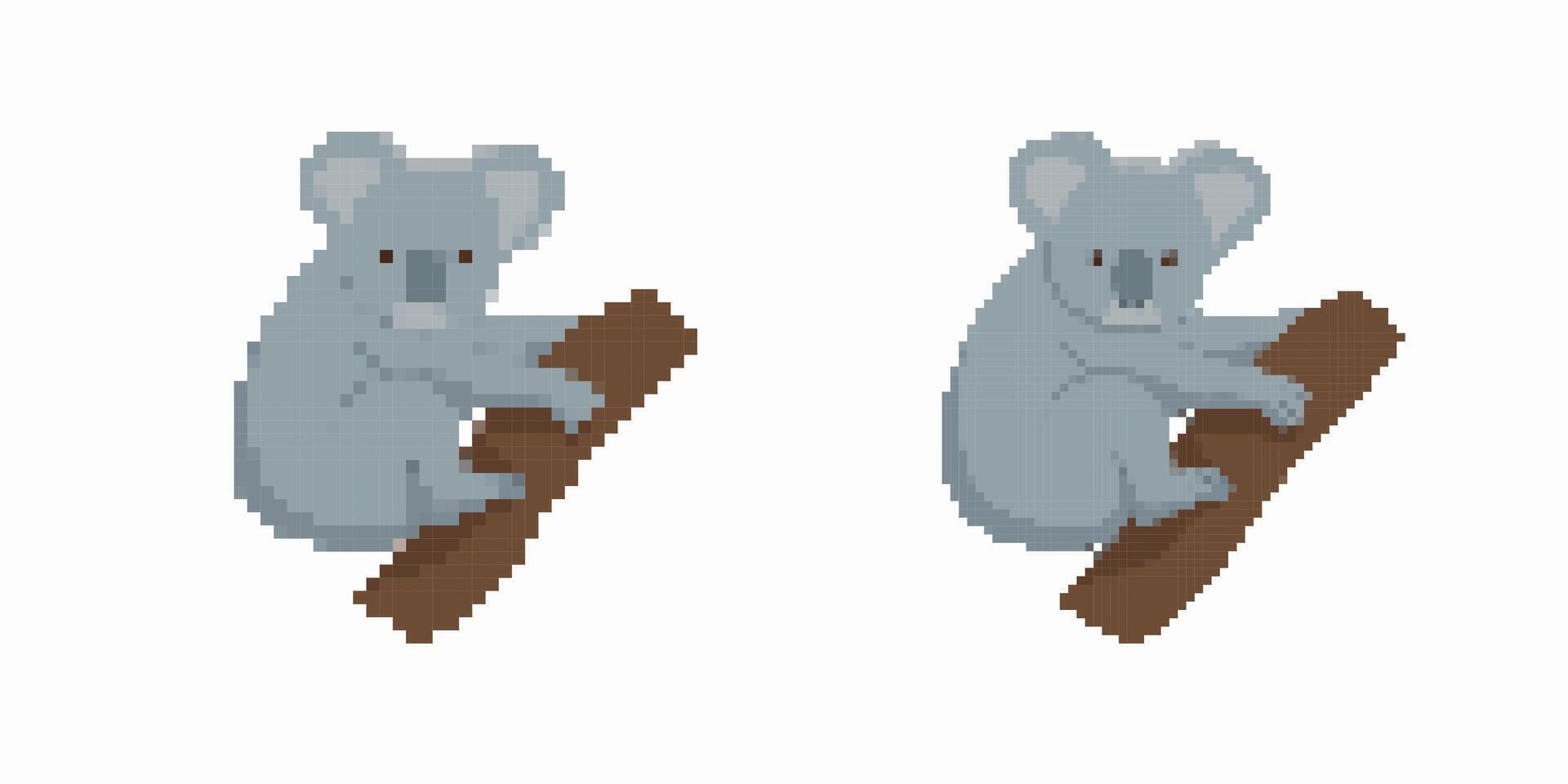 Two pixel art koalas sitting with eucalyptus branches in a cute digital style vector