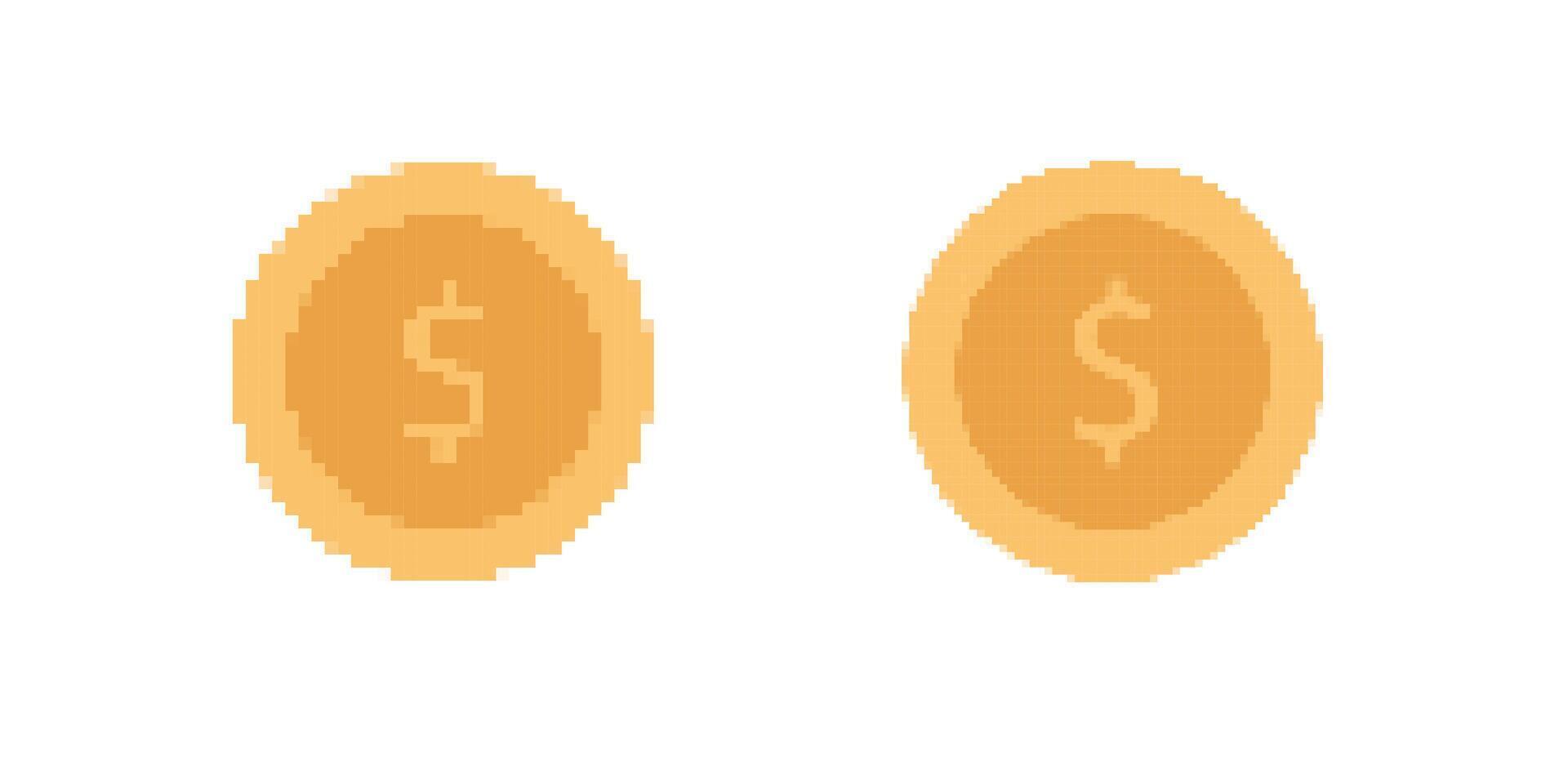 Pixel art coins featuring dollar sign design in a simple uncluttered style with basic colors vector
