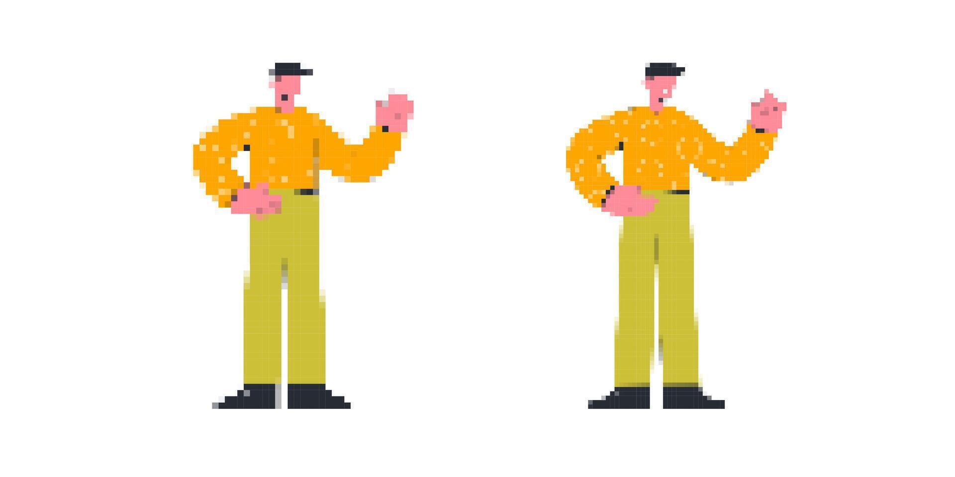 Pixel art characters in yellow shirts and green pants holding their hands up vector
