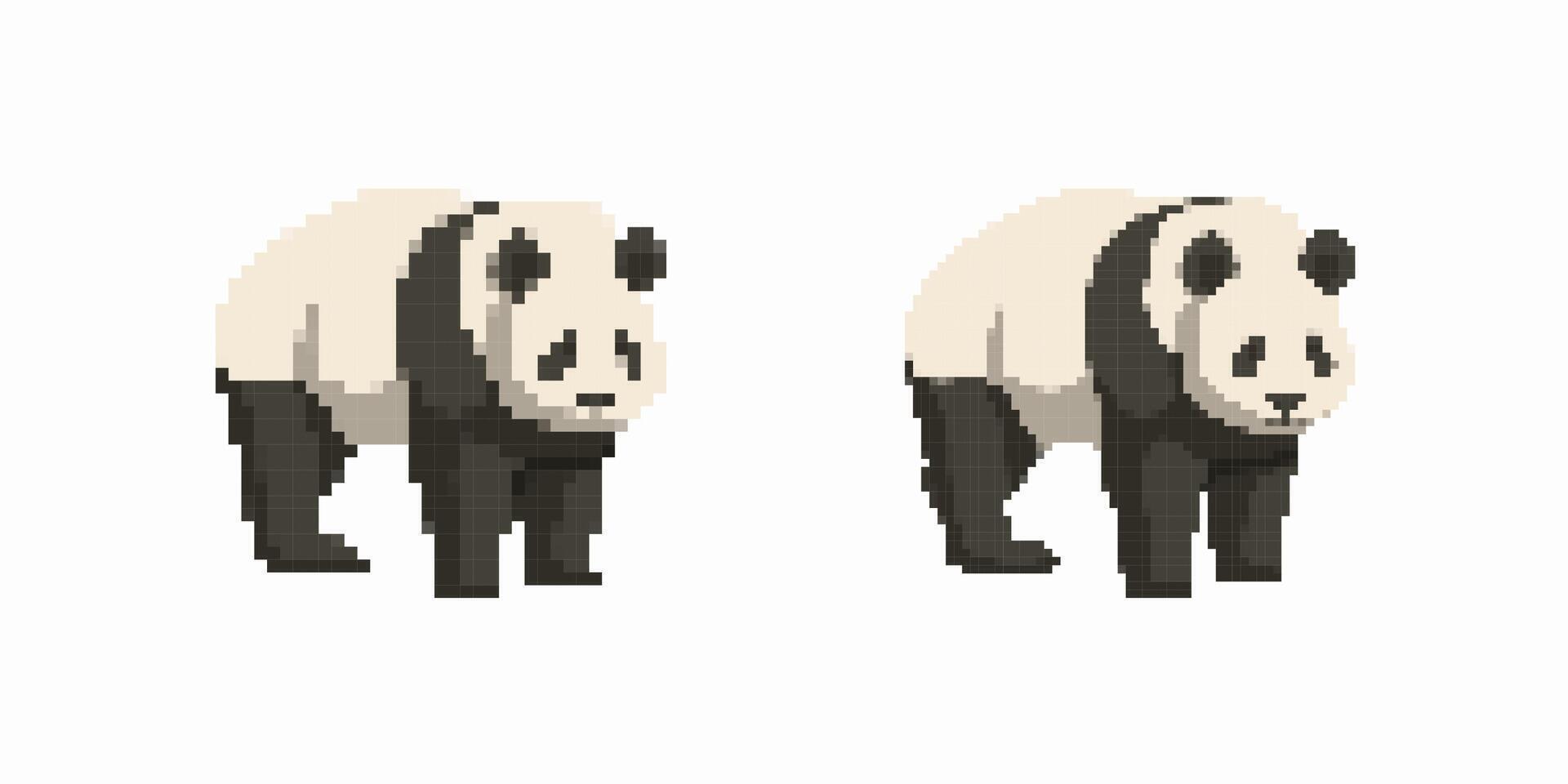 Pixel art pandas depicting cute stylized animals in simplified block design vector