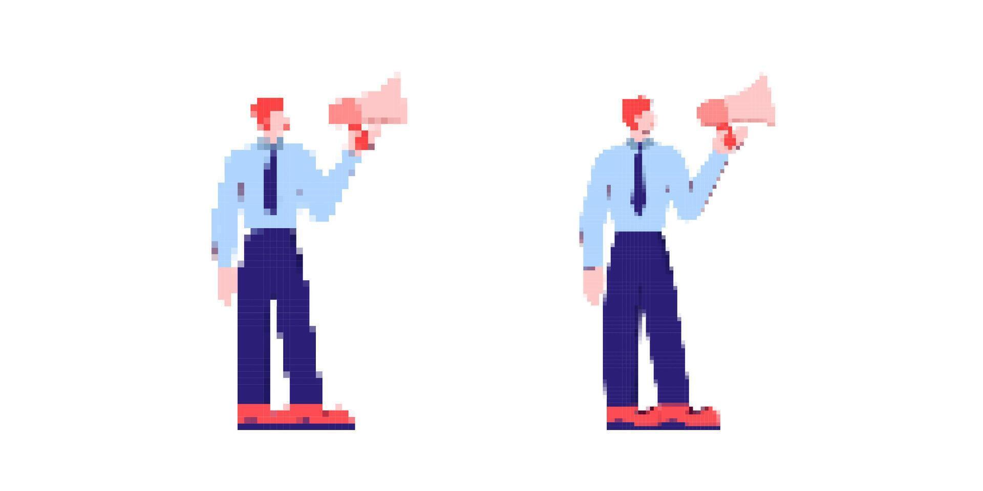 Two pixel art figures holding megaphones facing forward in simplistic style vector