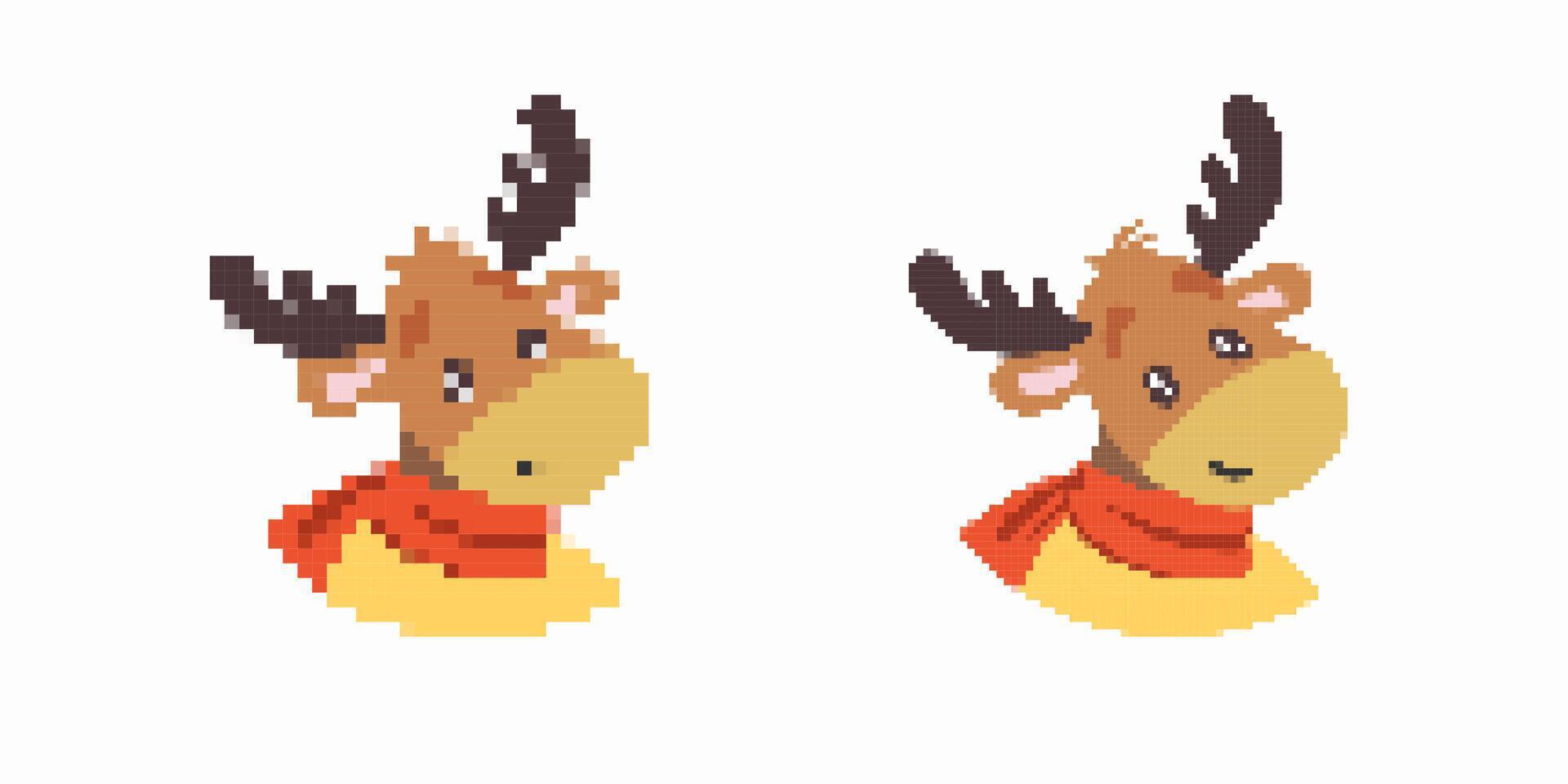 Pixel art reindeer with antlers and red scarf in two styles facing forward vector