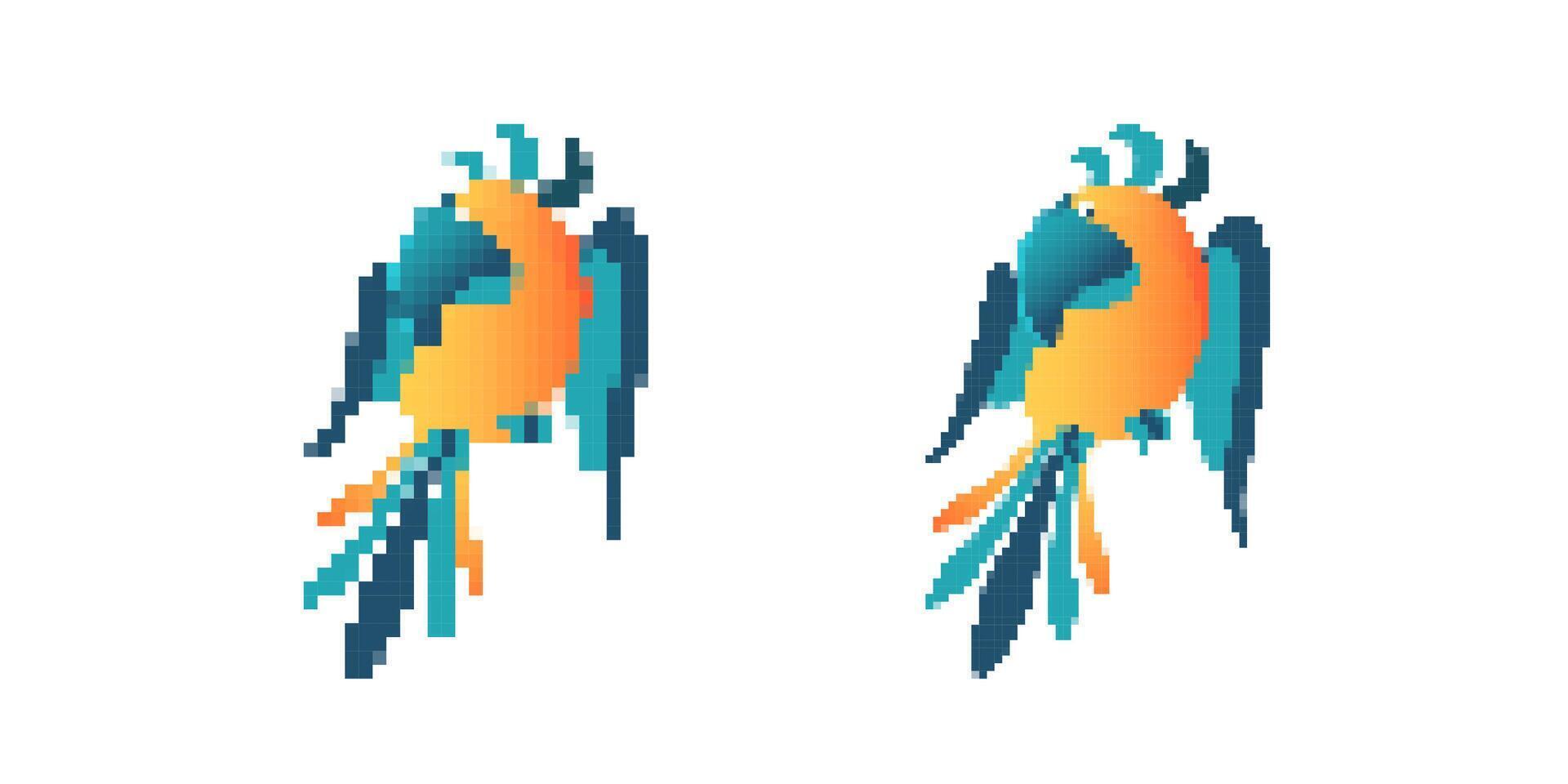 Pixel art parrots with vibrant colors and abstract geometric shapes in dynamic design vector