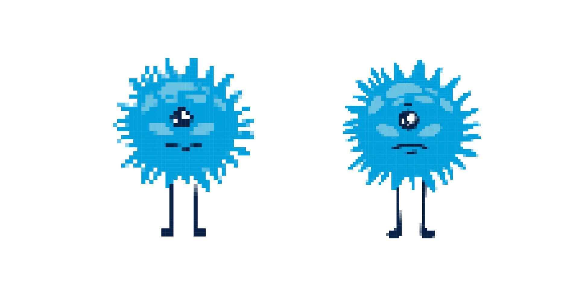 Cute blue pixel monsters with single eye and spiky hair faces three quirky expressions vector