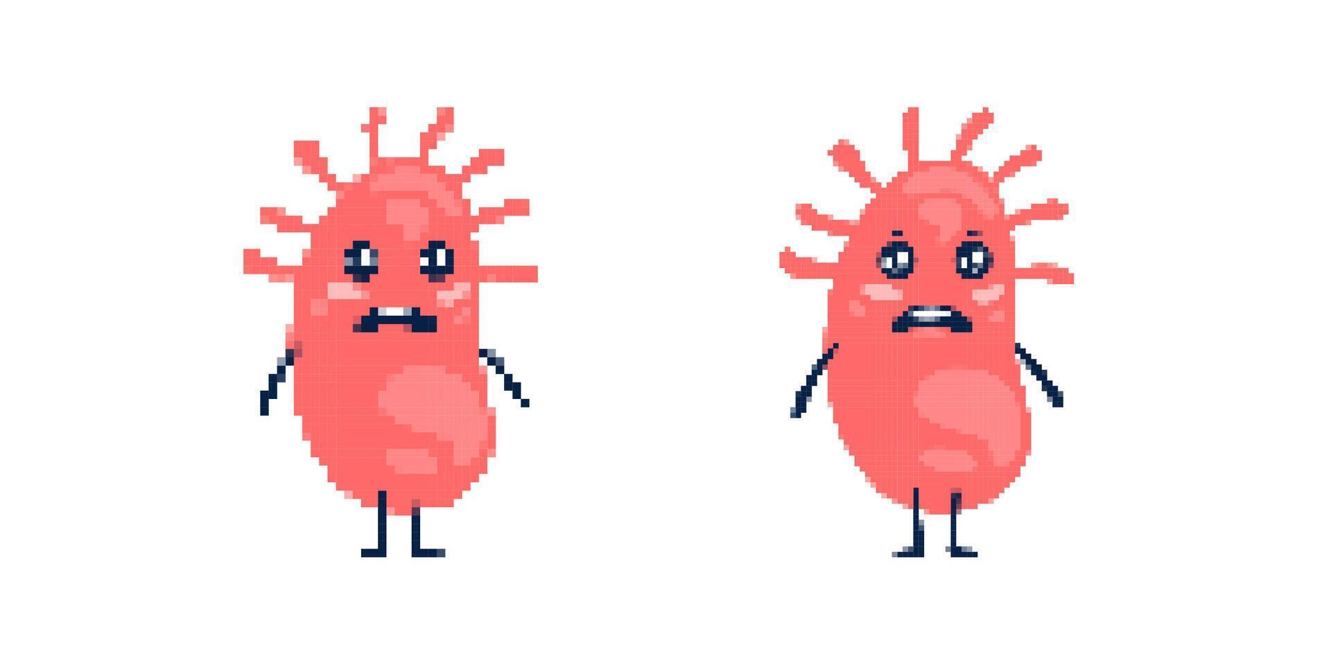 Two cute pixel art creatures with round bodies and silly expressions in playful cartoon style vector
