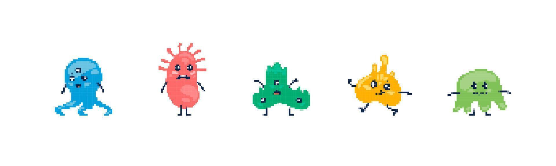 Cute colorful pixelated monsters in various shapes and expressions vector